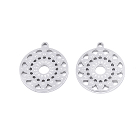 Pendentifs en acier inoxydable, creux, plat rond avec des charmes de fleurs