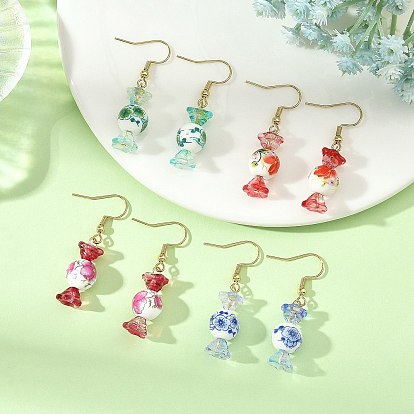 Boucles d'oreilles pendantes en porcelaine imprimée et verre, candy, 304 boucles d'oreilles pendantes en acier inoxydable pour femmes, réel 18 k plaqué or