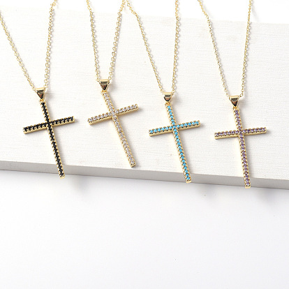 Vintage Religious Gold Plated CZ Cross Pendant for Women - Creative Colorful Diamond Fashion Necklace