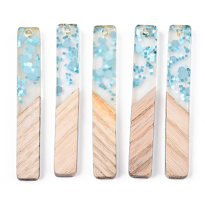 Transparent Resin & White Wood Big Pendants, Rectangle Charms with Paillettes