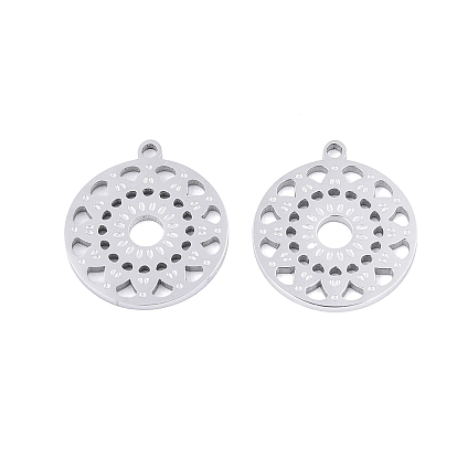 Pendentifs en acier inoxydable, creux, plat rond avec des charmes de fleurs