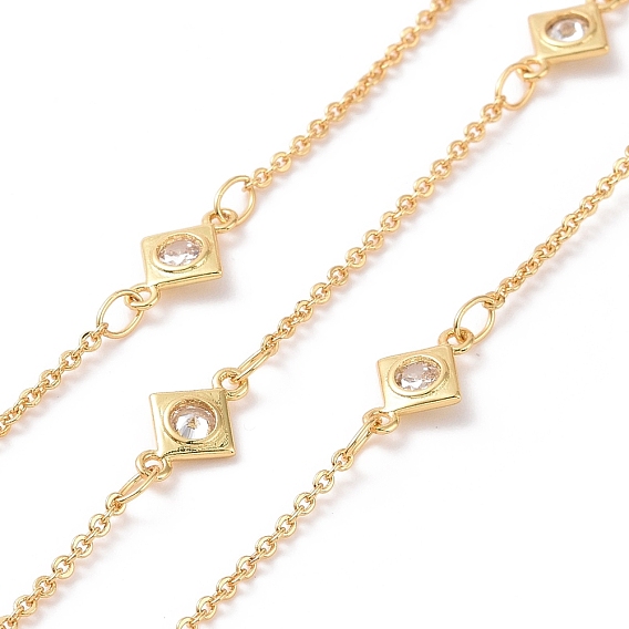 Clear Cubic Zirconia Rhombus Link Chains, with Brass Cable Chains, Unwelded, with Spool, Cadmium Free & Nickel Free & Lead Free