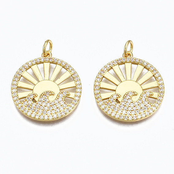 Латунные микропаве прозрачные подвески с фианитом, с прыжковых колец, без никеля , плоские круглые с волной