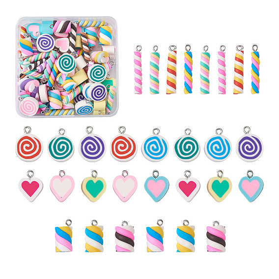 Кулоны из смолы и кулоны из полимерной глины ручной работы, с железной фурнитурой, зефир и сердце и плоский круглый с вихрем