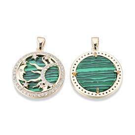 Brass Pave Clear Cubic Zirconia Pendants, with Natural Malachite, Cadmium Free & Nickel Free & Lead Free, Flat Round with Sun & Moon & Star