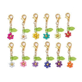 Acrylic Flower Pendant Decorations, Glass Seed Beads and Alloy Lobster Claw Clasps Charms for Bag Ornaments