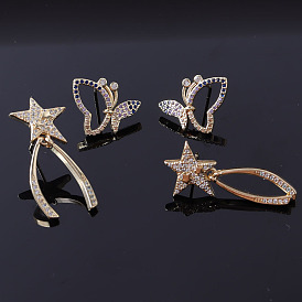 Fashionable Butterfly and Pentagram Long Earrings for Women in Copper Plated with Real Gold