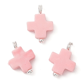 Подвески-крестики синтетического коралла розового цвета, с медными петлями