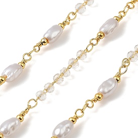 Brass Link Chains, with ABS Imitation Pearl & Quartz Crystal, Unwelded, with Spool