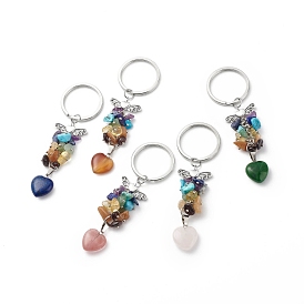 Heart Natural & Synthetic Mixed Stone Chips & Pendant Keychain, with Iron Split Key Rings