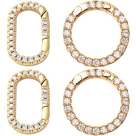 4Pcs 2 Styles Rack Plating Brass Micro Pave Clear Cubic Zirconia Spring Gate Rings, Cadmium Free & Nickel Free & Lead Free, Round & Oval