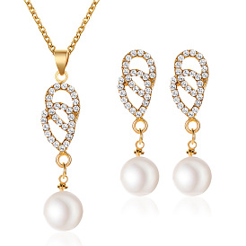Chic Pearl Set with Diamond Waterdrop Necklace and Earrings - Elegant European Style Jewelry