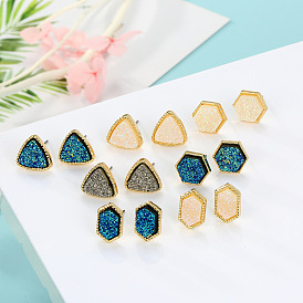 Hexagonal Natural Stone Earrings and Triangular Crystal Studs with Resin Ear Accessories