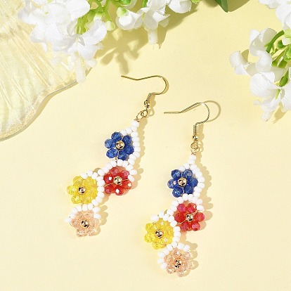 Pendientes colgantes con cuentas de semillas de vidrio en forma de flor, Pendientes colgantes de cuentas de latón y acero inoxidable, dorado