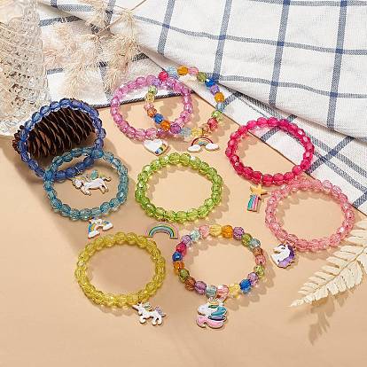 9Pcs 9 Style Acrylic Round Beaded Stretch Bracelets Set, Alloy Enamel Unicorn & Rainbow & Star & Heart Charms Stackable Bracelets for Children