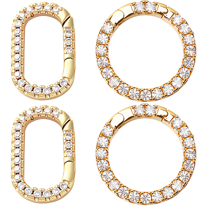 4Pcs 2 Styles Rack Plating Brass Micro Pave Clear Cubic Zirconia Spring Gate Rings, Cadmium Free & Nickel Free & Lead Free, Round & Oval