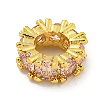Rack Plating Brass Micro Pave Pink Cubic Zirconia European Beads, Large Hole Beads, Long-Lasting Plated, Lead Free & Cadmium Free, Flat Round