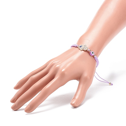 Adjustable Nylon Thread Cord Braided Beaded Bracelets, with Evil Eye Resin Beads and Alloy Rhinestone Hamsa Hand Beads