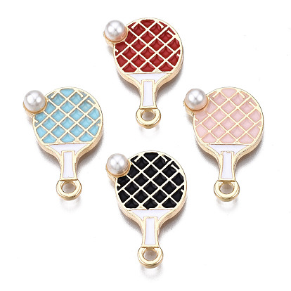 Alloy Pendants, with Enamel and ABS Plastic Imitation Pearl Bead, Cadmium Free & Lead Free, Light Gold, Racket