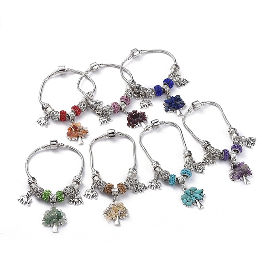 European Bracelets, with Brass Snake Chains, Polymer Clay Rhinestone European Beads, Gemstone Chips, Alloy European Beads & Pendants, Tree of Life & Elephant, with Cardboard Box