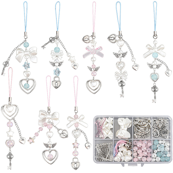 Наборы для самостоятельного изготовления ремешка для мобильного телефона с подвеской-бантом, включая подвески из сплава, Стеклянные бусины, акриловые имитация жемчужные бусы