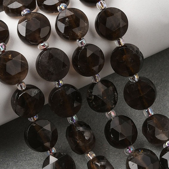 Natural Smoky Quartz Beads Strands, Faceted Hexagonal Cut Coin Beads, with Seed Beads