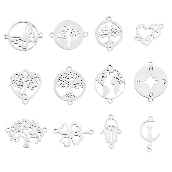 12шт 12 стили 201 подвески из нержавеющей стали, сердце и плоский круг с деревом и компасом, разнообразные