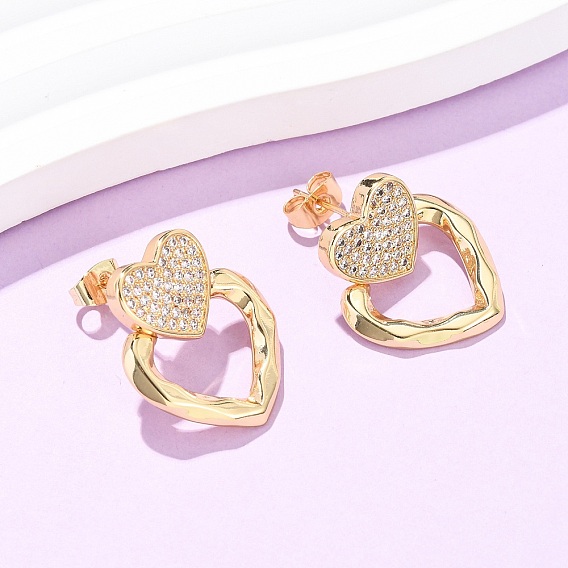 Серьги-гвоздики в форме сердца из латуни с фианитом и кубическим цирконием, реальный 16 k позолоченный