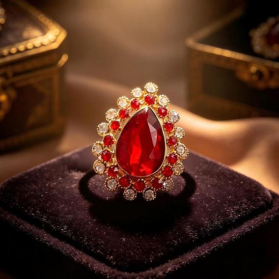 Zinc Alloy Glass Finger Rings, Horse Eye/Teardrop, with Rhinestone, Golden
