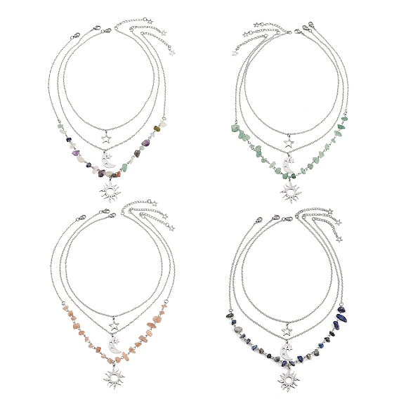 201 подвеска из нержавеющей стали с изображением солнца, луны и звезд и 304 цепочка из нержавеющей стали 3 многослойные ожерелья для женщин, цвет нержавеющей стали