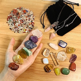 Gemstone Reiki Energy Stone Display Decorations Sets, Pyramid and Nimble Pendulum and Necklace and Wooden Box