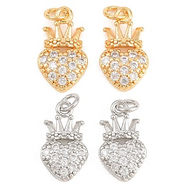 Подвески из латуни с микро-паве ко Дню святого Валентина, прозрачные циркониевые подвески, без никеля , сердце с подвесками в виде короны