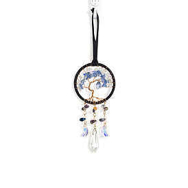 Natural Quartz Crystal Chips Tree of Life Pendant Decorations, with Iron Finding and Glass Cone Charm, for Car Rearview Mirror Hanging Ornaments