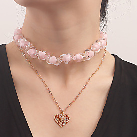 Collier de perles coeur rose double couche pour femme avec un design unique et une sensation luxueuse
