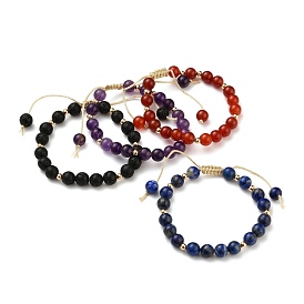 Adjustable Polyester Braided Bead Bracelets, with Natural Gemstone Beads and Brass Beads, Round