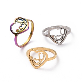 201 Stainless Steel Heart with Word Love You Finger Ring, Hollow Wide Ring for Women