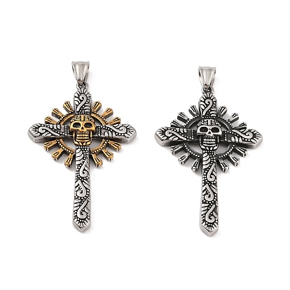 304 Stainless Steel Big Pendants, Cross with Skull Charm