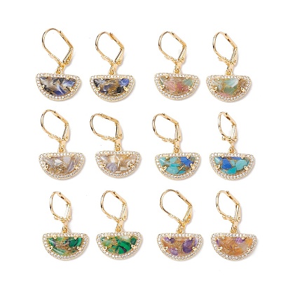 Brass Micro Pave Cubic Zirconia Leverback Earring, with Glass Finding, Half Round