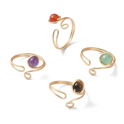 4Pcs 4 Style Alloy Wire Wrap Open Cuff Rings Set, Natural Mixed Gemstone Round Beads Rings
