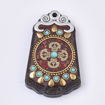 Thème de Bouddha fait main indonésie gros pendentifs, avec les accessoires en alliage, bois de santal et résine, argent antique et or antique, trapèze