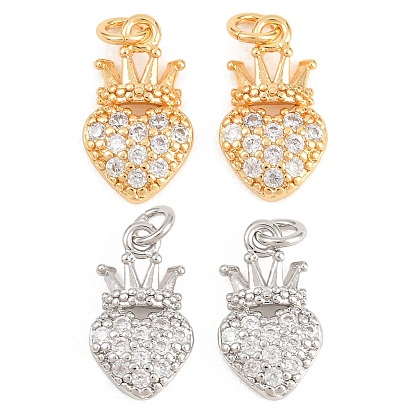 Подвески из латуни с микро-паве ко Дню святого Валентина, прозрачные циркониевые подвески, без никеля , сердце с подвесками в виде короны