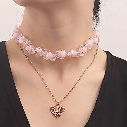 Double-layered Pink Heart Beaded Necklace for Women with Unique Design and Luxurious Feel