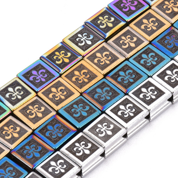 Electroplate Non-magnetic Synthetic Hematite Beads Strands, Square with Fleur De Lis