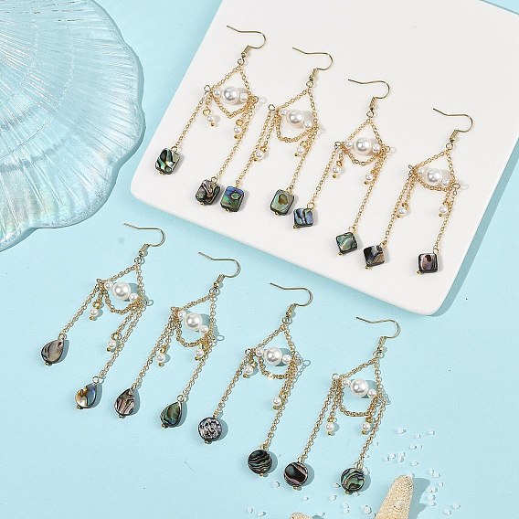 Paua Shell & Shell Pearl Dangle Earrings, Brass Chain Dangle Earrings, Mixed Shapes