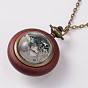Long Brass Cable Chains Flat Round Rosewood Pocket Quartz Watches Necklaces, with Lobster Claw Clasps, 30 inch