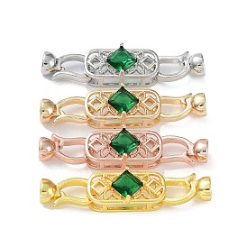 Rack Plating Brass Pave Green Glass Fold Over Clasps, Long-Lasting Plated, Cadmium Free & Lead Free, Oval
