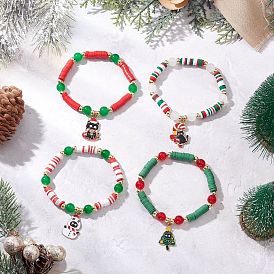 4шт. наборы браслетов из полимерной глины ручной работы с рождественской тематикой для женщин, браслеты с подвесками в форме кошки из сплава и эмали