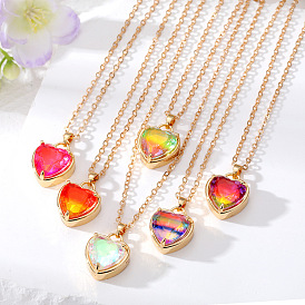Minimalist Heart Crystal Necklace with Colorful Laser Peach Pendant