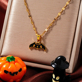 Stainless Steel Enamel Halloween Ghost Bat Pendant Dapped Chain Necklaces, Golden