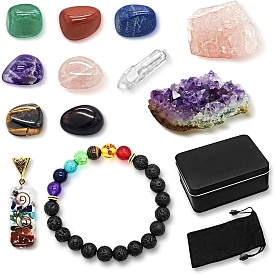 Chakra Gemstone Reiki Energy Stone Display Decorations Sets, Metal Box and and  Bracelet and  Velvet Bags and Pendants